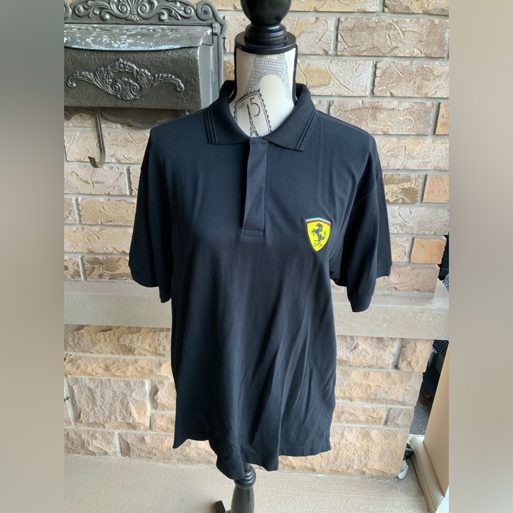 FERRARI Scuderia Official Pique Black Classic Polo Shirt Cotton Men’s SZ Medium